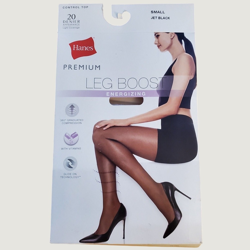 Hanes Premium Leg Boost Energizing 20 Denier Control Top Tights Small Jet Black